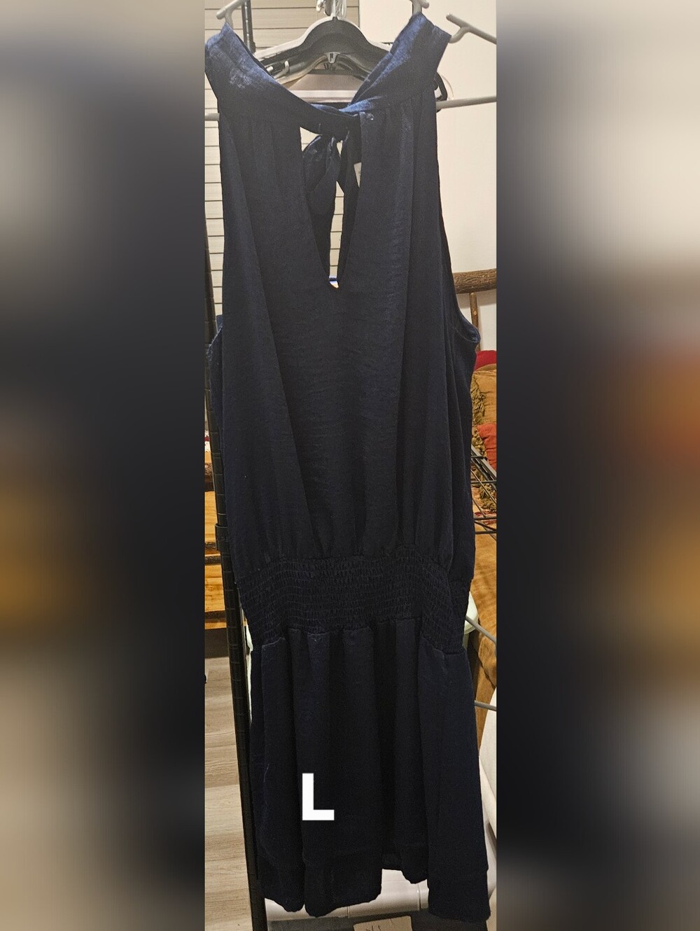 Sleeveless Navy Smocked-Waist Dress